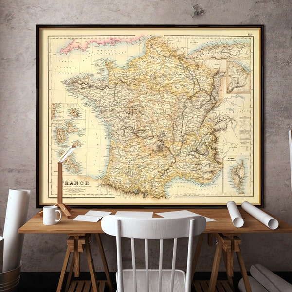 Mapa de Francia, antiguo mapa decorativo de Francia, carta de la Francia, mapa restaurado de 1972, justo después de la guerra franco-alemana