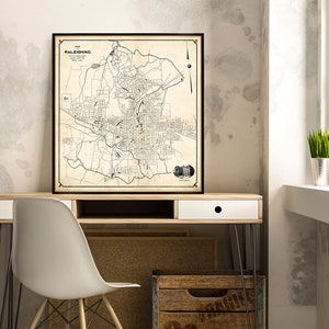 Mapa de Raleigh - Mapa antiguo de Raleigh de 1928, impresión fina en papel o lienzo