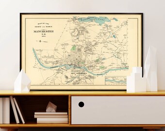 Manchester map -  Vintage map of Manchester (New Hampshire) - archival reproduction on paper or canvas