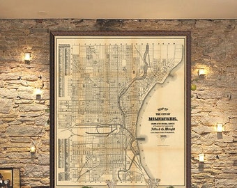 Milwaukee map, restored map large print, map art with an antique patina, The Cream City city plan, gift for wall decoration