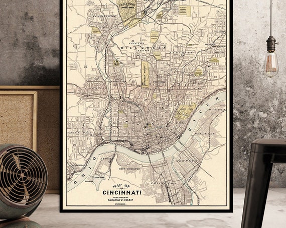 Cincinnati map - Old map of Cincinnati - fine reproduction - Old city map print on fine coated paper or matte canvas