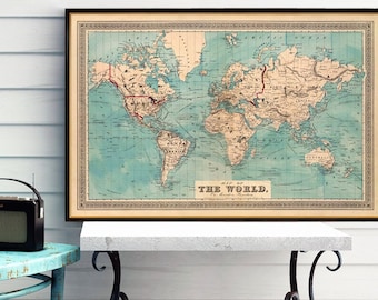 Old map  - World map - Map of the World -  Decorative giclee map - Large map of the world - Print