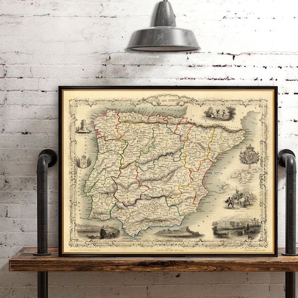Oude kaart van Spanje - Oude kaart van Portugal - Vintage kaart archiefreproductie op papier of canvas