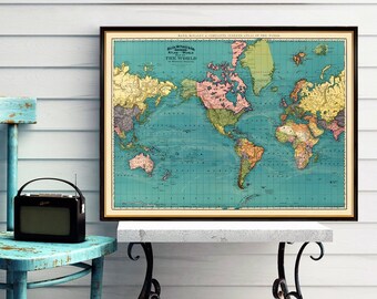 Carte Du Monde Vintage Etsy