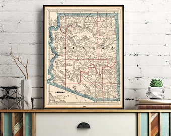 Arizona map - Old map of Arizona fine print, large wall map, retro map, grad gift