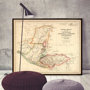 Carte du Yucatan - Carte du Guatemala - Carte du Salvador, Carte du Honduras - Carte vintage imprimée sur toile ou papier