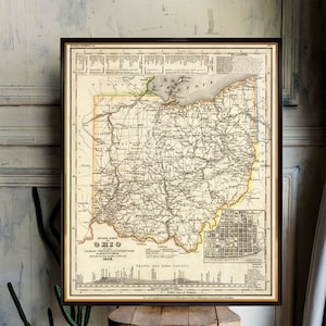 Carte de l'Ohio - Carte historique restaurée, grande carte de style antique de l'État de Buckeye, affiche de carte en petits caractères