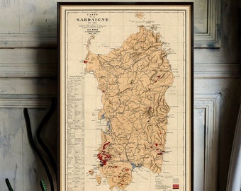 Carte de la Sardaigne, ancienne carte de la Sardaigne (Italie), belle reproduction sur papier ou toile