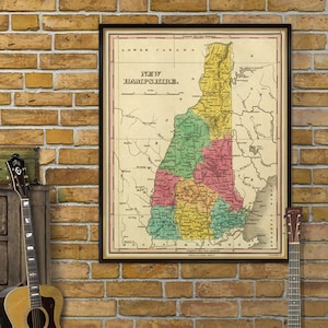 Kaart van New Hampshire - Vintage kaart van New Hampshire, beschikbaar op papier of canvas