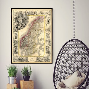 Carte illustrée de la Suède et de la Norvège - Magnifique carte vintage restaurée, impression fine sur papier ou toile