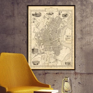 Mapa antiguo de Belfast - Mapa histórico de Belfast, letra pequeña en papel o lienzo