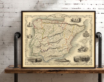 Ancienne carte de l'Espagne - Ancienne carte du Portugal - Reproduction d'archives de carte vintage sur papier ou toile