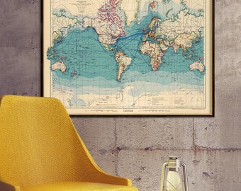 Vintage map of the world -  Large wall  map -  Archival print on paper or canvas