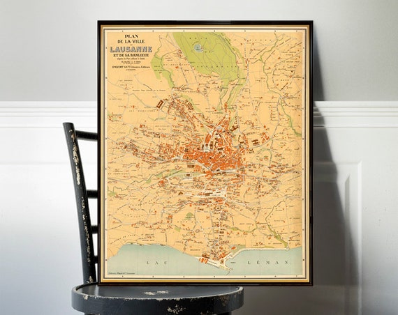 Vintage map of Lausanne - Old map archival print - Large wall map - up to 35 x 43.5 inches