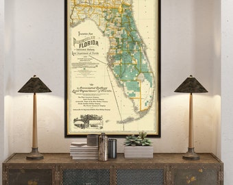 Carte de la Floride, carte vintage de la Floride, carte murale Sunshine State, jusqu'à 27 x 54 po.
