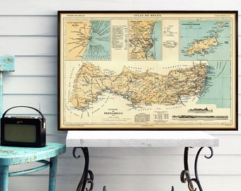 Ancienne impression de carte du Pernambouc (Brésil) - Carte du Pernambouc - Estado de Pernambuco, impression de carte sur papier ou toile