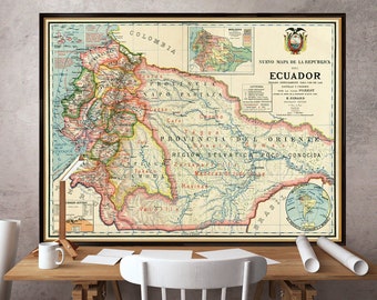 Carte de l'Équateur - carte vintage en impression fine sur papier ou toile