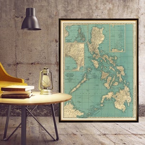 Carte des îles Philippines - Ancienne carte imprimée en petits caractères sur papier ou toile