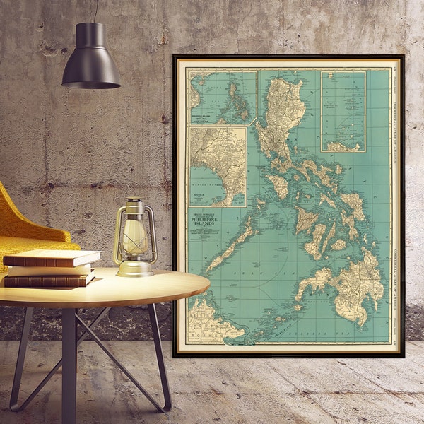 Kaart van de Filippijnse eilanden - Oude kaart met kleine lettertjes op papier of canvas