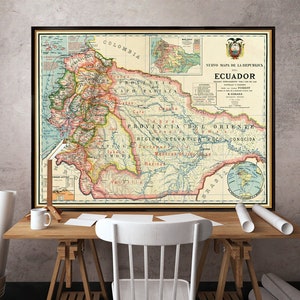 Carte de l'Équateur - carte vintage en impression fine sur papier ou toile