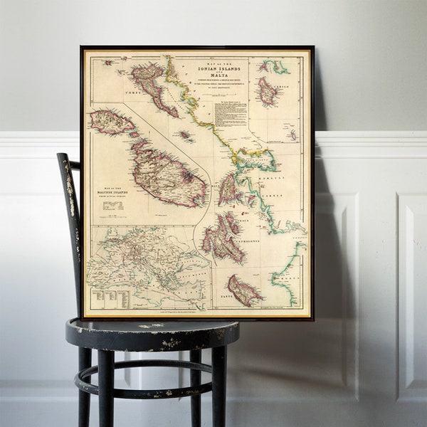 Malta Karte - Alte Landkarte der Ionischen Inseln - Historischer Kartendruck auf Papier oder Leinwand