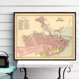 Carte du Québec - carte vintage de la ville de Québec, impression fine sur papier ou toile
