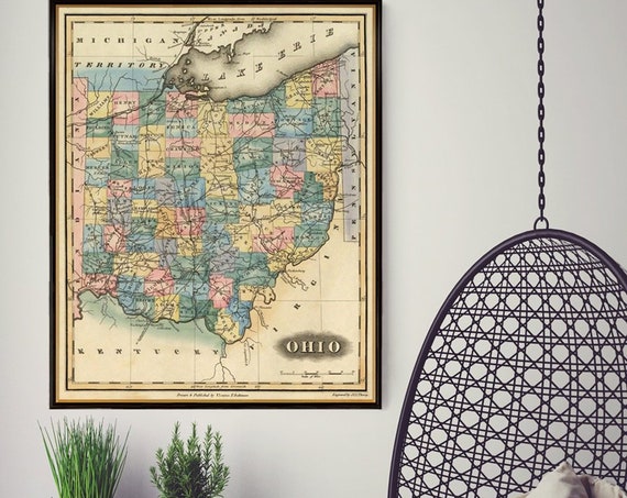 Old map of Ohio -   Fine  giclee reproduction of Ohio map, available on paper or canvas