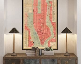 Carte ancienne de New York de 1892, grande décoration de carte murale, plan de la ville de New York coloré avec une patine magnifique