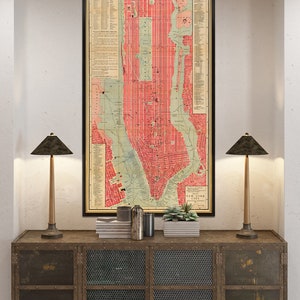 Oude kaart van New York City uit 1892, grote muurkaart decor, kleurrijke stadskaart van NYC met prachtig patina