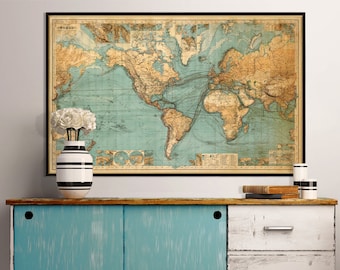 World map print - Chart of the world ,  world map fine reproduction - Large world map - Available in 1 piece or 3 sections