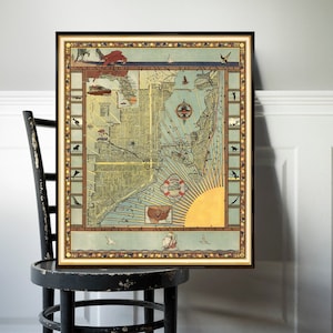 Ancienne carte de Miami, grande carte décorative de Miami, affiche carte design rétro