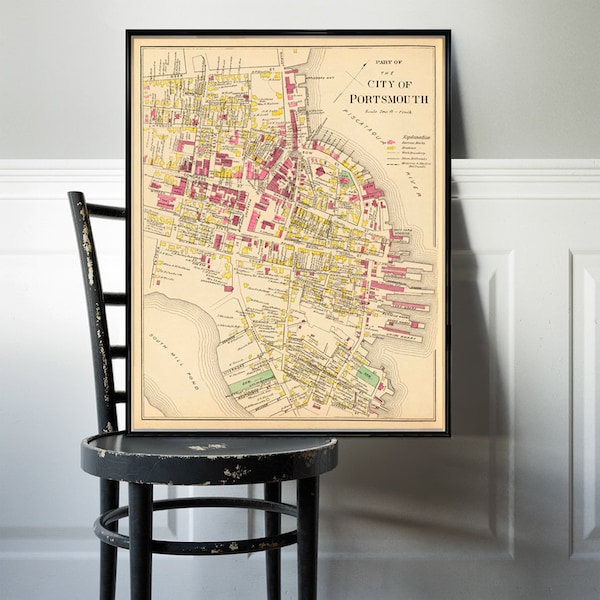 Map of Portsmouth  (NH)  - Vintage plan of Portsmouth - Old city map archival print on paper or canvas