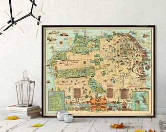 Illustrated map of San Francisco - Old map  fine print - Funny map of San Franciscoavailable on paper or canvas