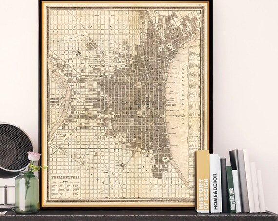 Wonderful old map of Philadelphia in sepia tones - Wall map print on paper or canvas