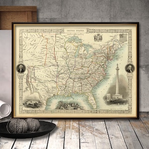 Carte vintage des États-Unis - Impression d'archives - Ancienne carte des États-Unis, belle reproduction sur papier ou toile