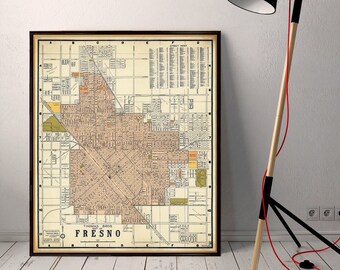 Fresno map - Old city map of Fresno, detailed map, vintage style wall art print