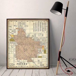 Fresno Karte - Alter Stadtplan von Fresno, detaillierter Stadtplan, Vintage Stil Wand Kunstdruck