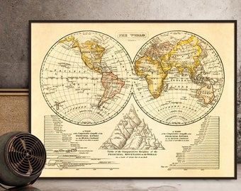 The World map - Old map of the world in two hemispheres - Vintage map restored fine print on paper or canvas