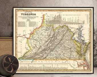 Carte de la Virginie - Ancienne carte restaurée - Reproduction d'archives de la carte de la Virginie sur papier couché fin ou toile
