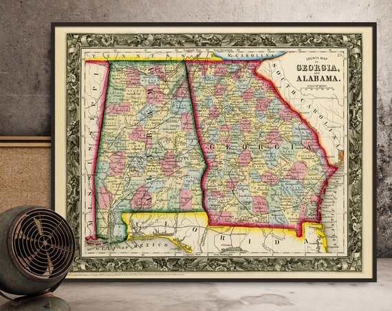 Vintage  map of Alabama , Georgia map from 1860,  giclee print on paper or canvas