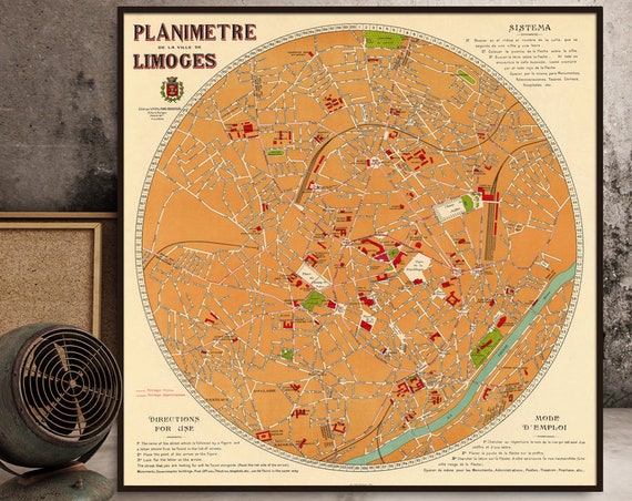 Map of Limoges - Vieille Carte de Limoges - Vintage map fine reproduction