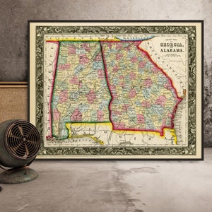 carte vintage de l'Alabama, carte de la Géorgie de 1860, impression giclée sur papier ou toile