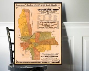 Old map of Columbus Ohio, decorative old city map print, house gift