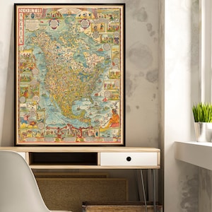 Carte de l'Amérique du Nord - Carte illustrée de l'Amérique - Grande impression d'archives de carte, disponible sur papier ou toile
