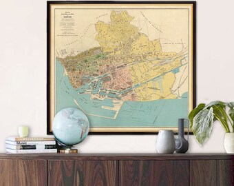 Le Hâvre map - Decorative old map of Le Havre, detailed wall map poster from 1921, fine print