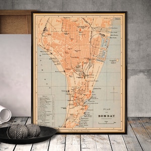 Carte de Bombay - Ancienne carte de Bombay (Mumbai) fine print - Magnifique carte imprimée pour la décoration murale