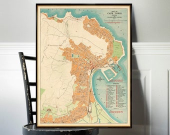 Vintage style map of Cape Town, old city plan restored, large wall map print