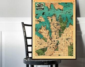 Sydney map  (Australia) - Old map of Sydney - "Aeroplane map of Sydney" -  Fine art print on paper or canvas