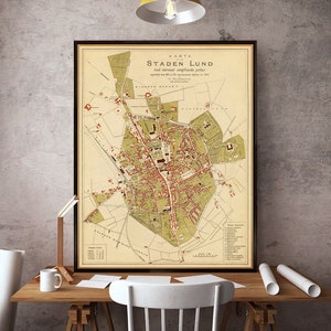 Map of Lund (Sweden),  Lund historical map,  large city map decor