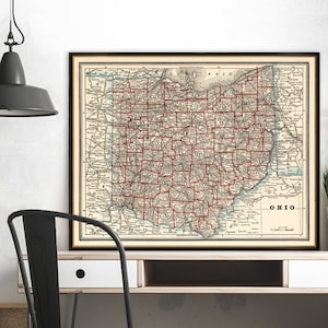 Mappa dell'Ohio - La vecchia mappa dello stato di Buckeye, mappa storica del 1893, grande mappa murale